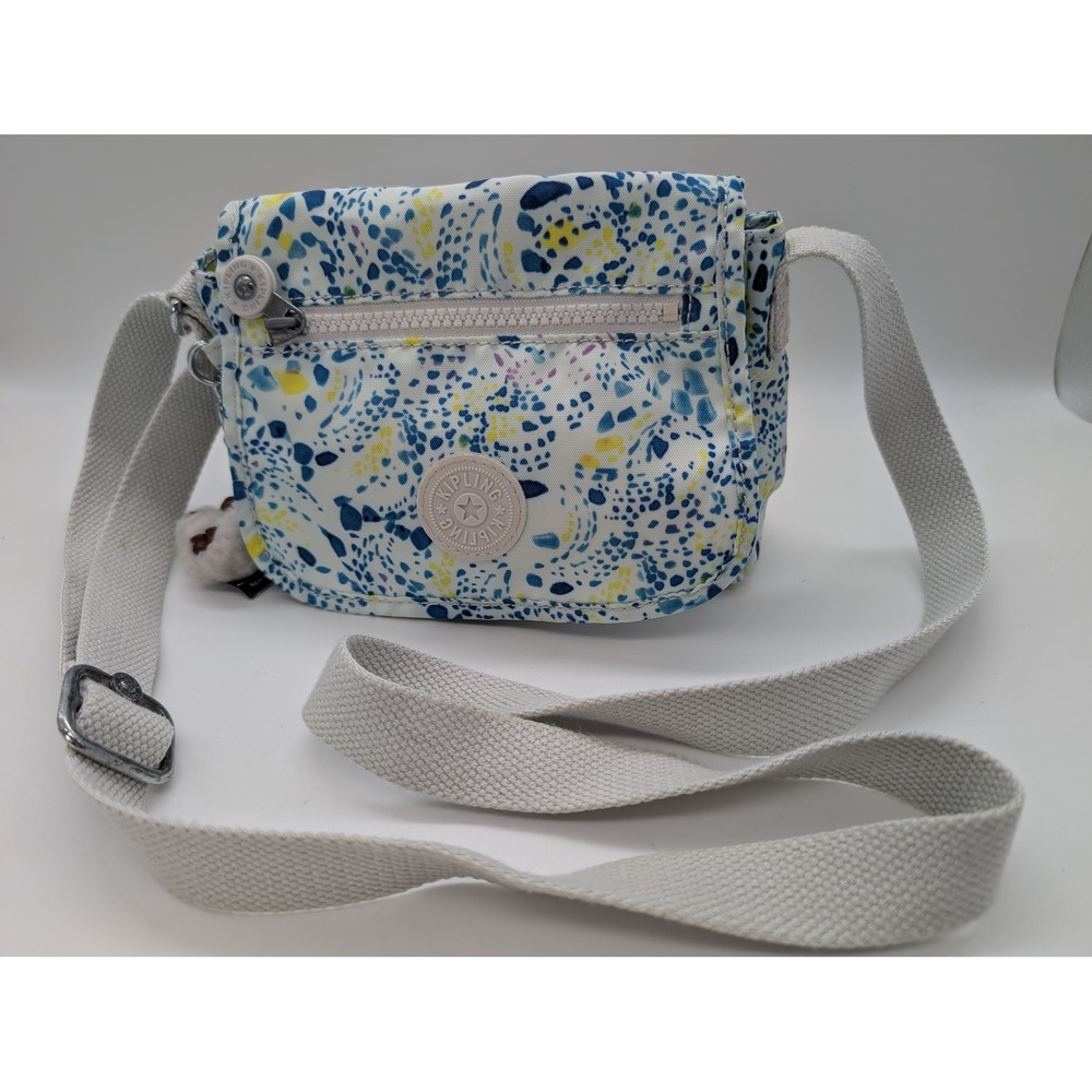 Kipling Crossbody Bag Blue Yellow Abstract Print Nylon with Monkey Keychain